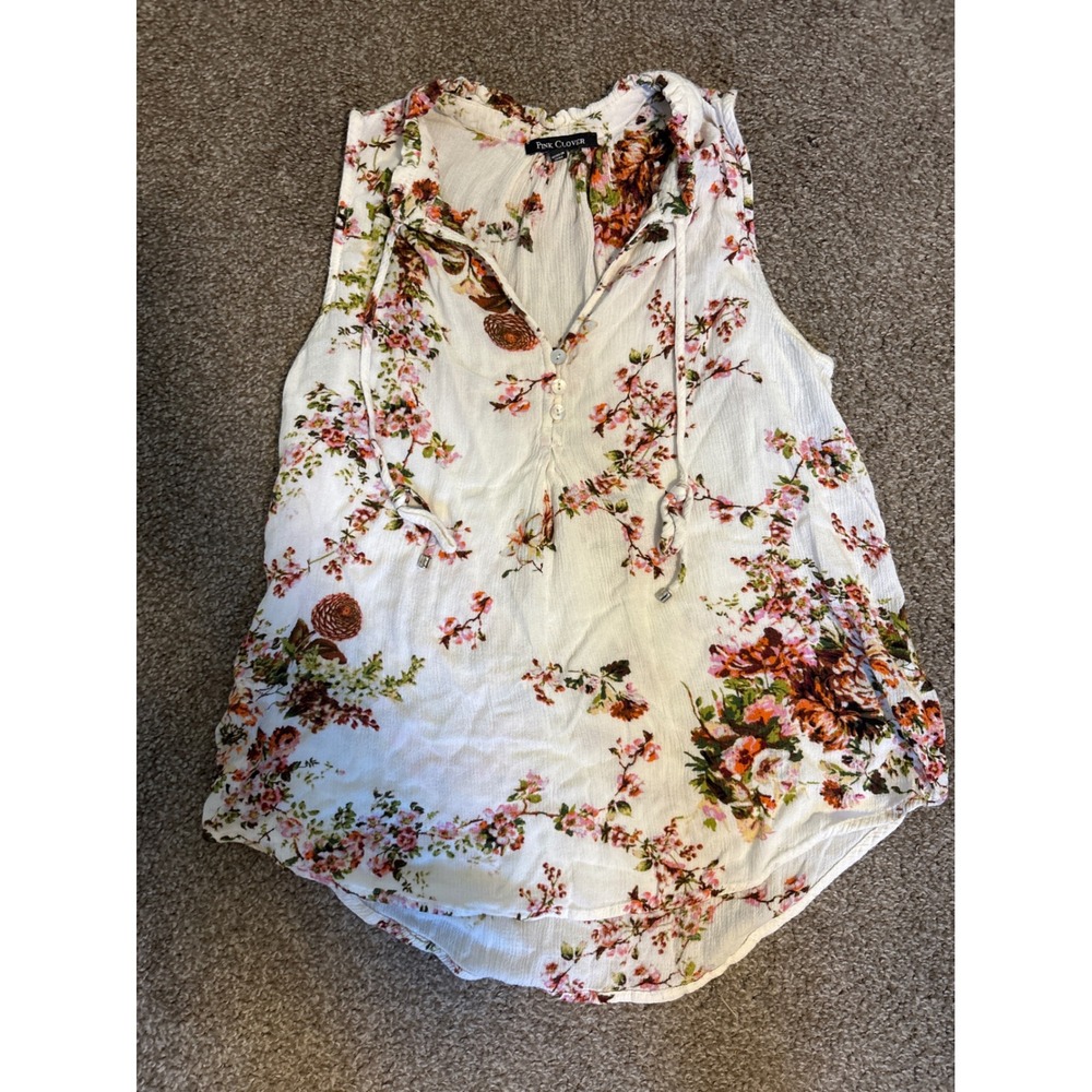 Pink Clover Sleeveless Blouse Womens Small Ivory Floral Excellent Boho Ruffle